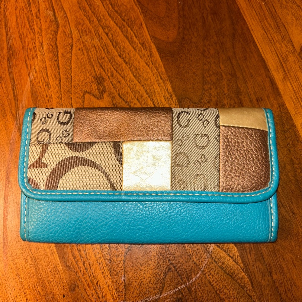 Vintage Y2K guess blue brown patchwork wallet billfold Unique!